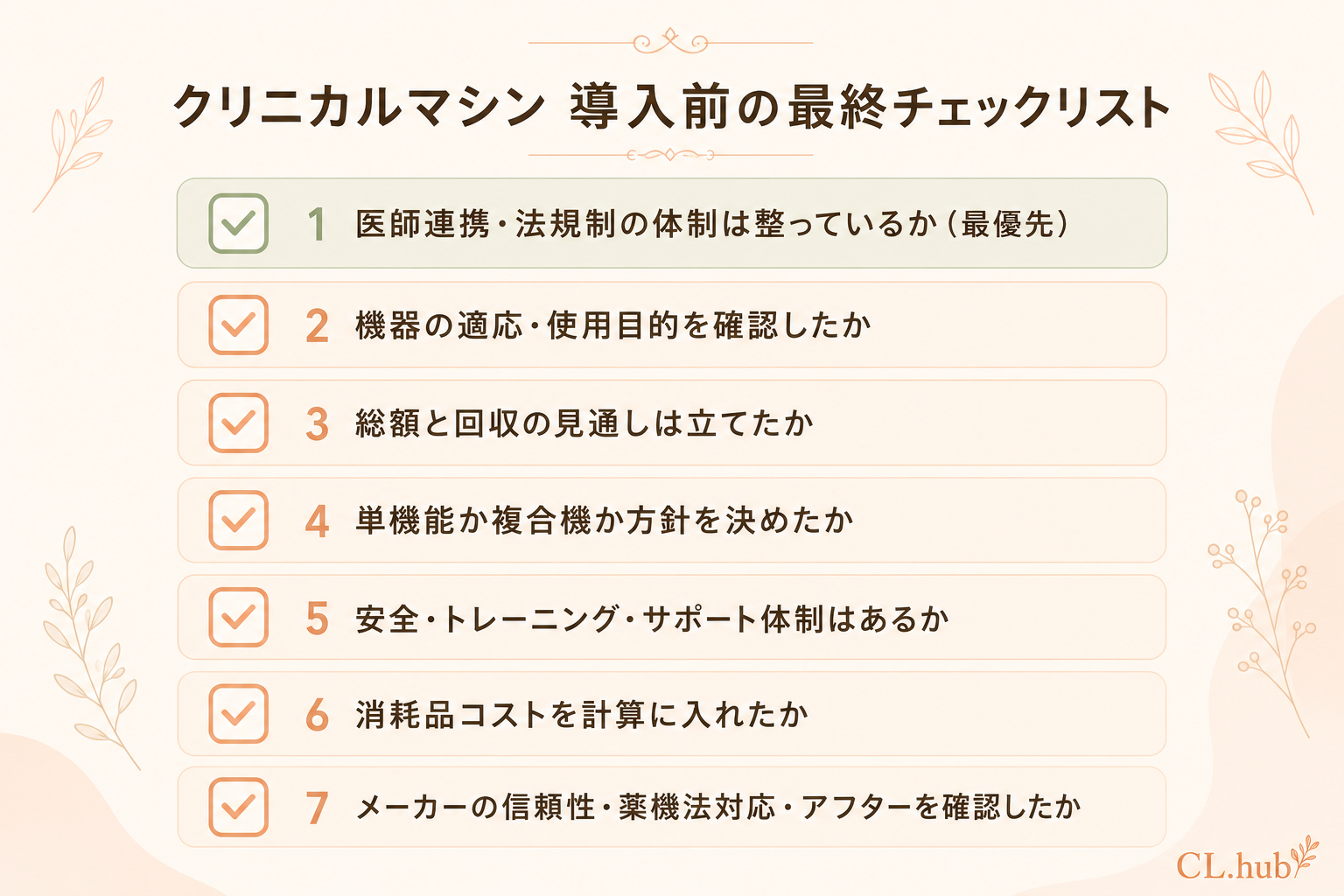 クリニカルマシン導入前の最終チェックリストの図解