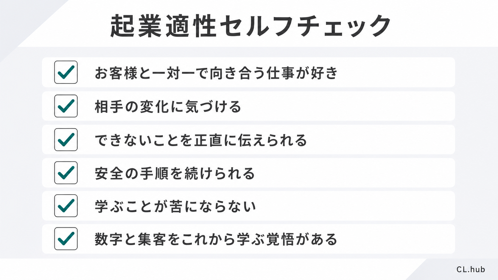 起業適性セルフチェックの6項目を示すチェックリスト