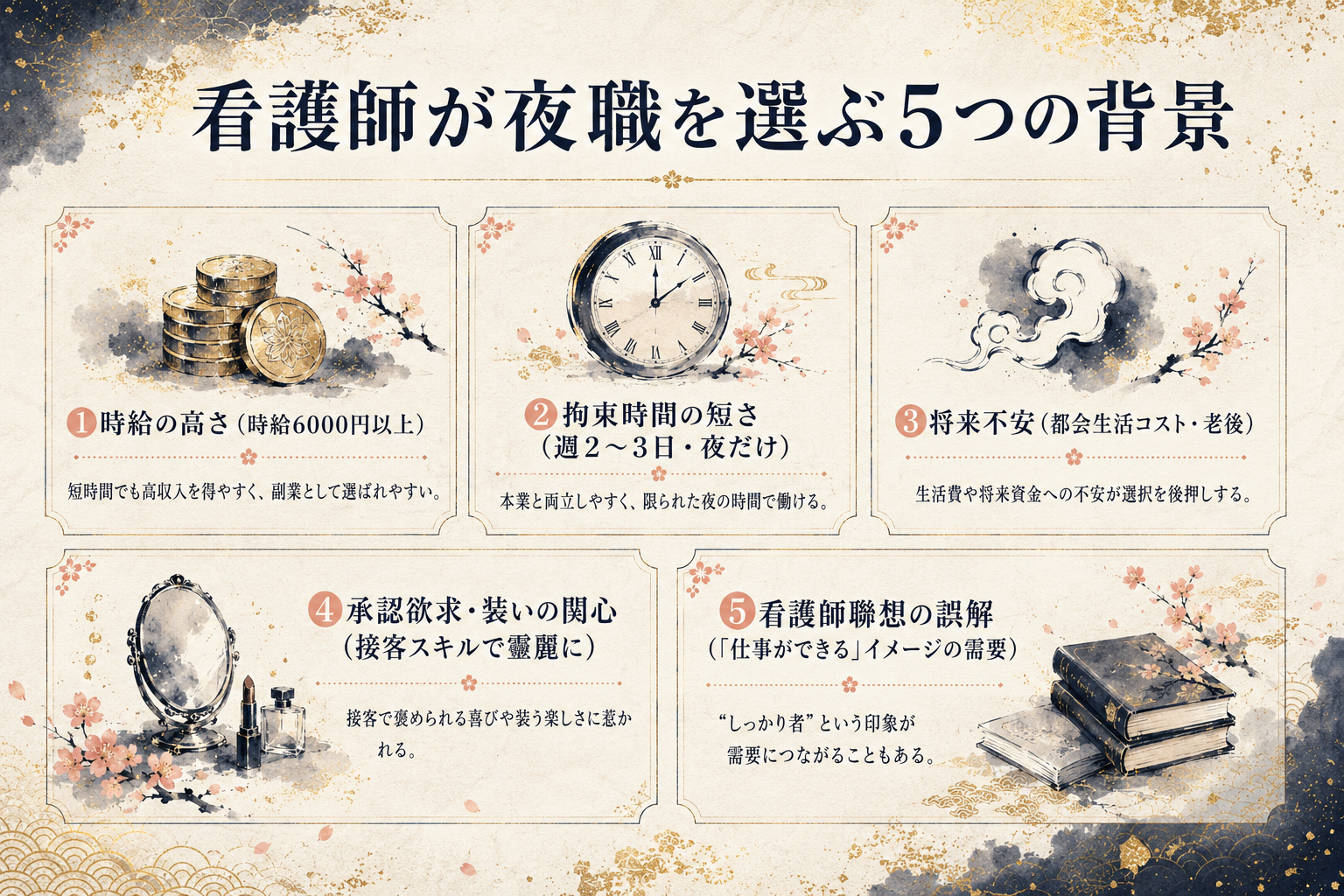 看護師がキャバクラを選ぶ背景となる5つの要因を俯瞰で示す図