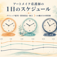 アートメイク看護師の1日のスケジュールをクリニック雇用・業務委託・独立の3タイプで比較して解説する記事のアイキャッチ