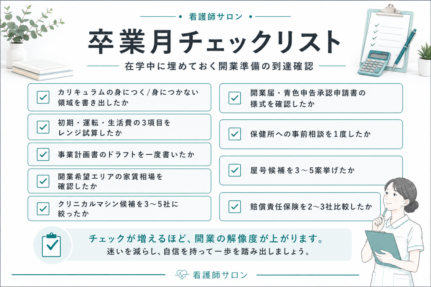 スクール卒業月に確認する在学中の開業準備到達チェックリストを示す図