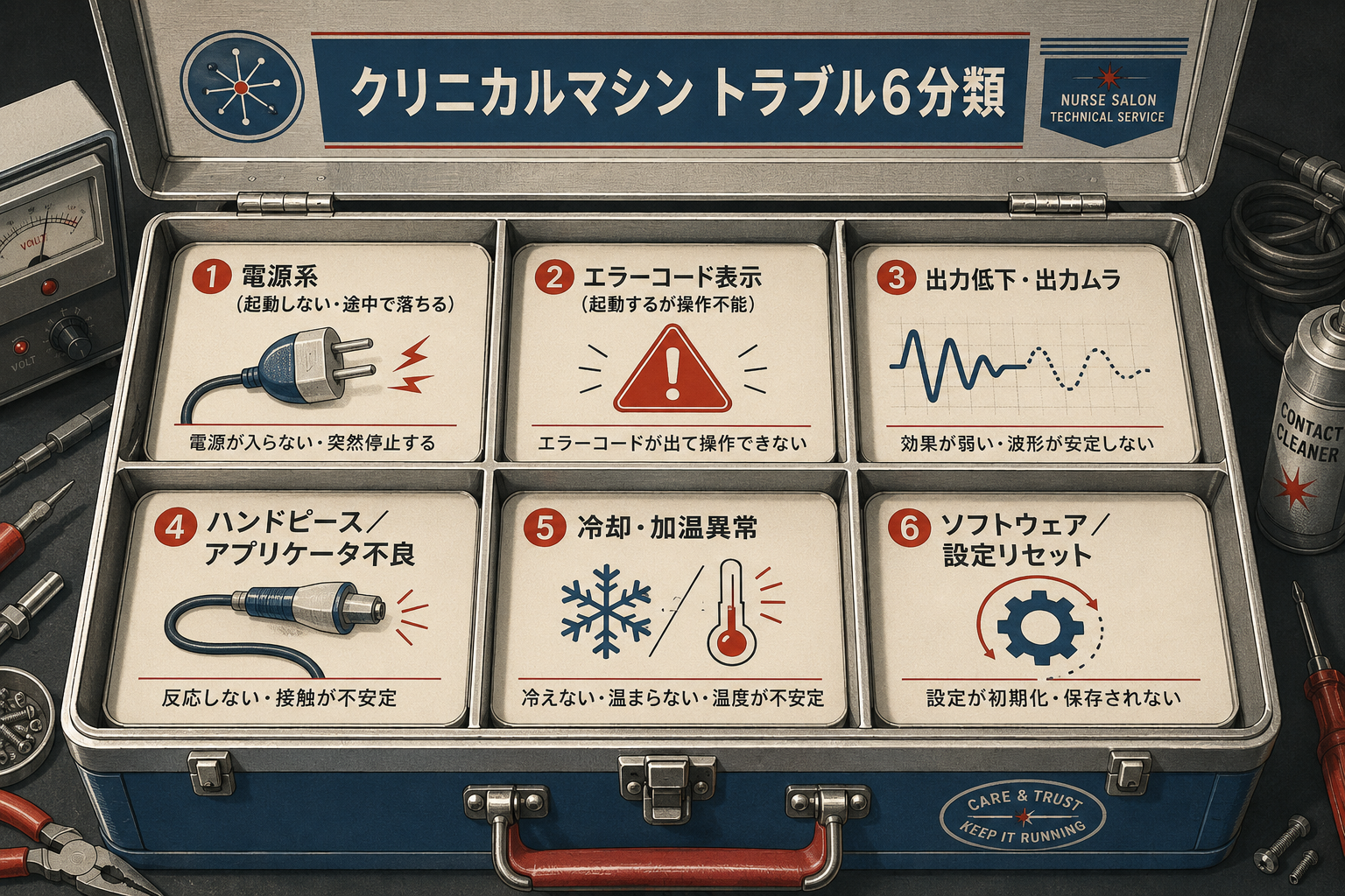 クリニカルマシントラブルの6分類(電源系・エラーコード・出力低下・ハンドピース不良・冷却加温異常・ソフトウェアリセット)を示す図