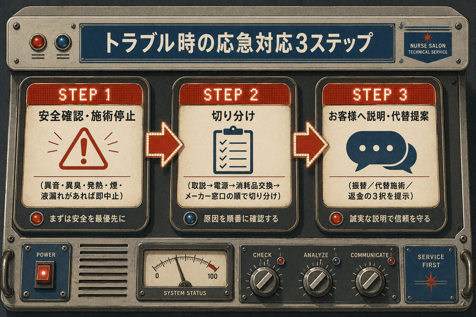 クリニカルマシントラブル発生時の応急対応3ステップ(安全確認・切り分け・お客様説明)を示すフロー図