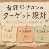 看護師サロンのターゲット設計を解説する記事のアイキャッチ（クラフト紙×付箋メモの世界観、CL.hub）