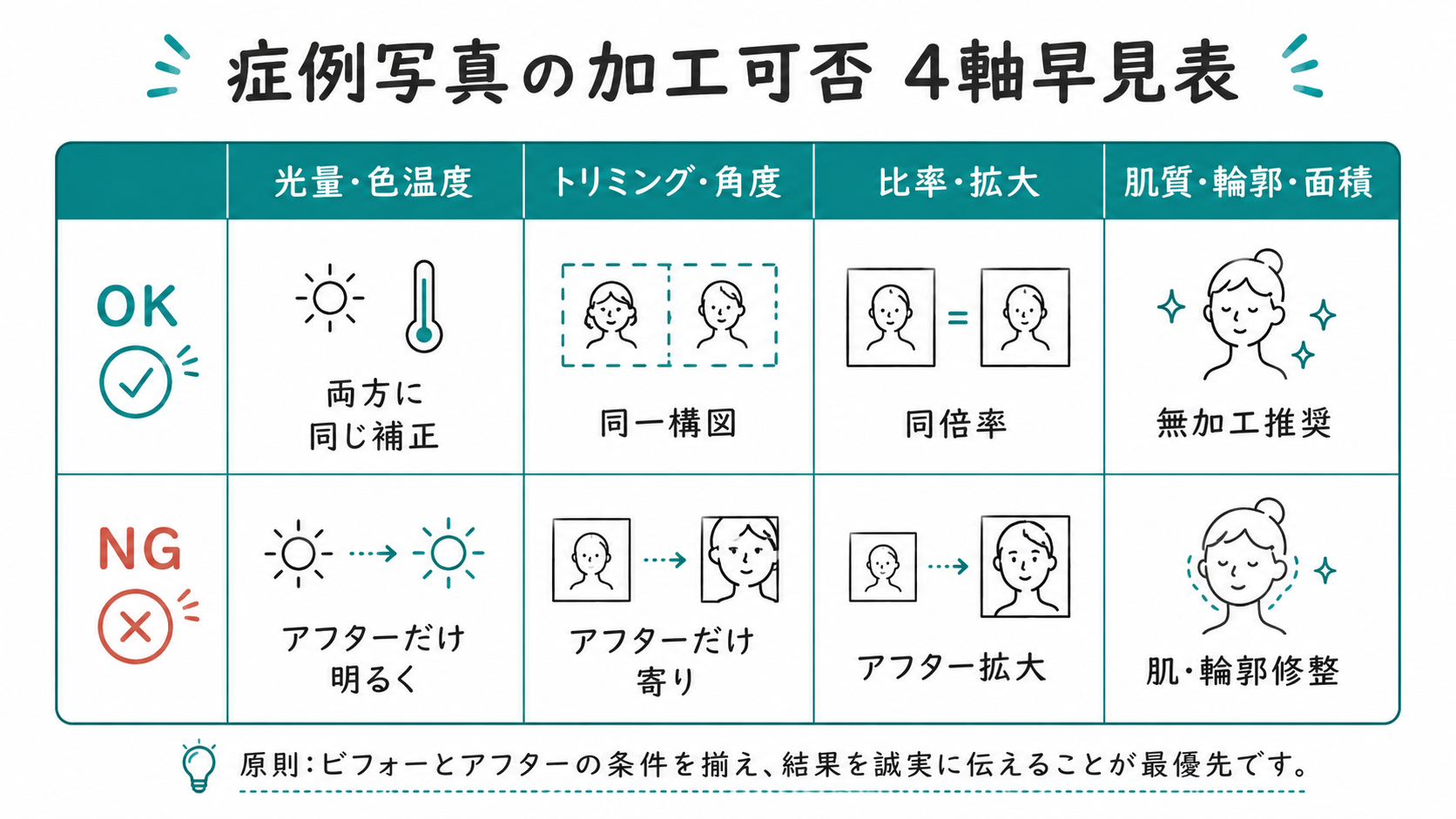 症例写真の加工可否を光量・トリミング・比率・肌質の4軸で示す早見表の図